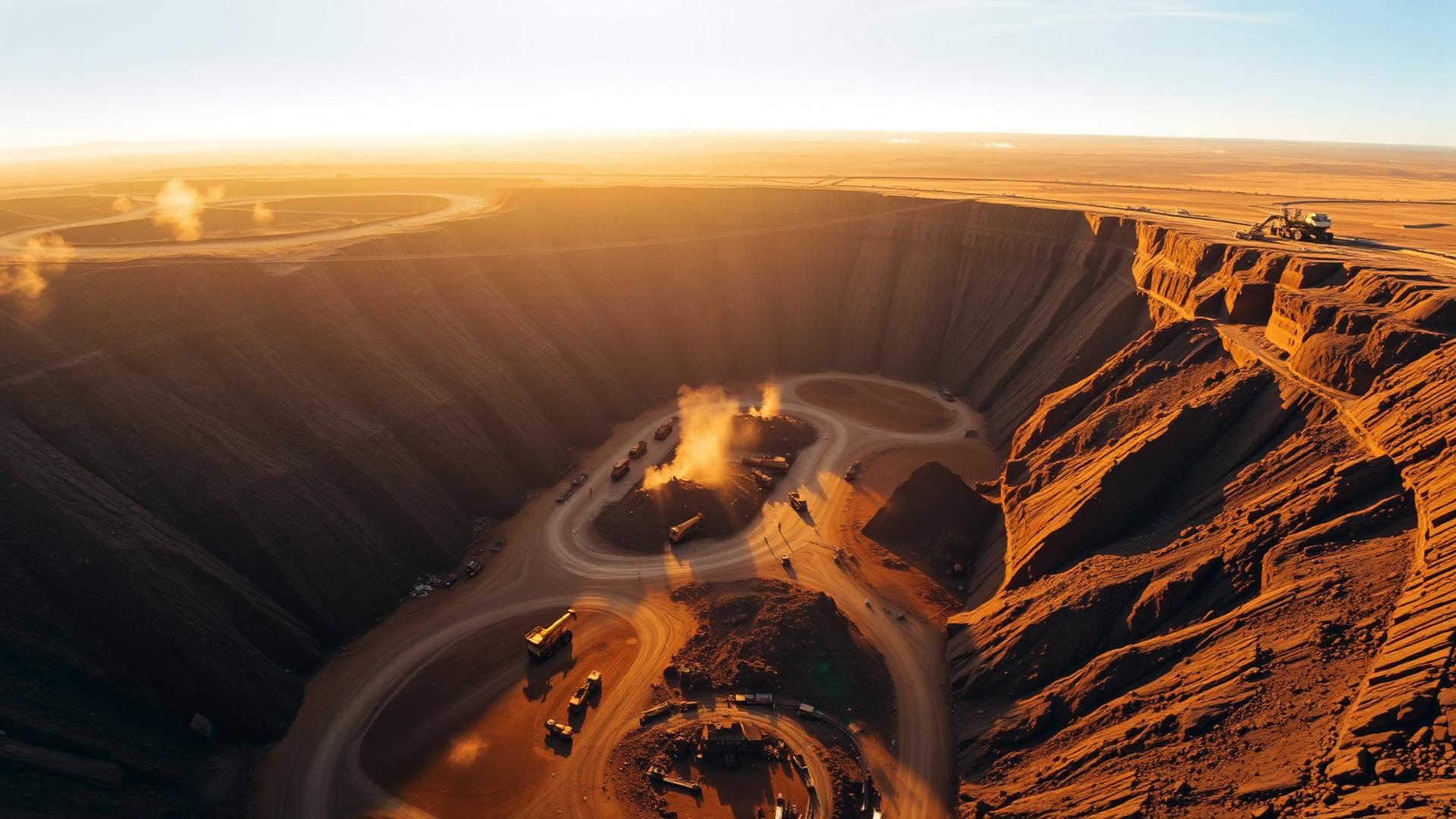 Aerial view of an open-pit copper mine at golden hour